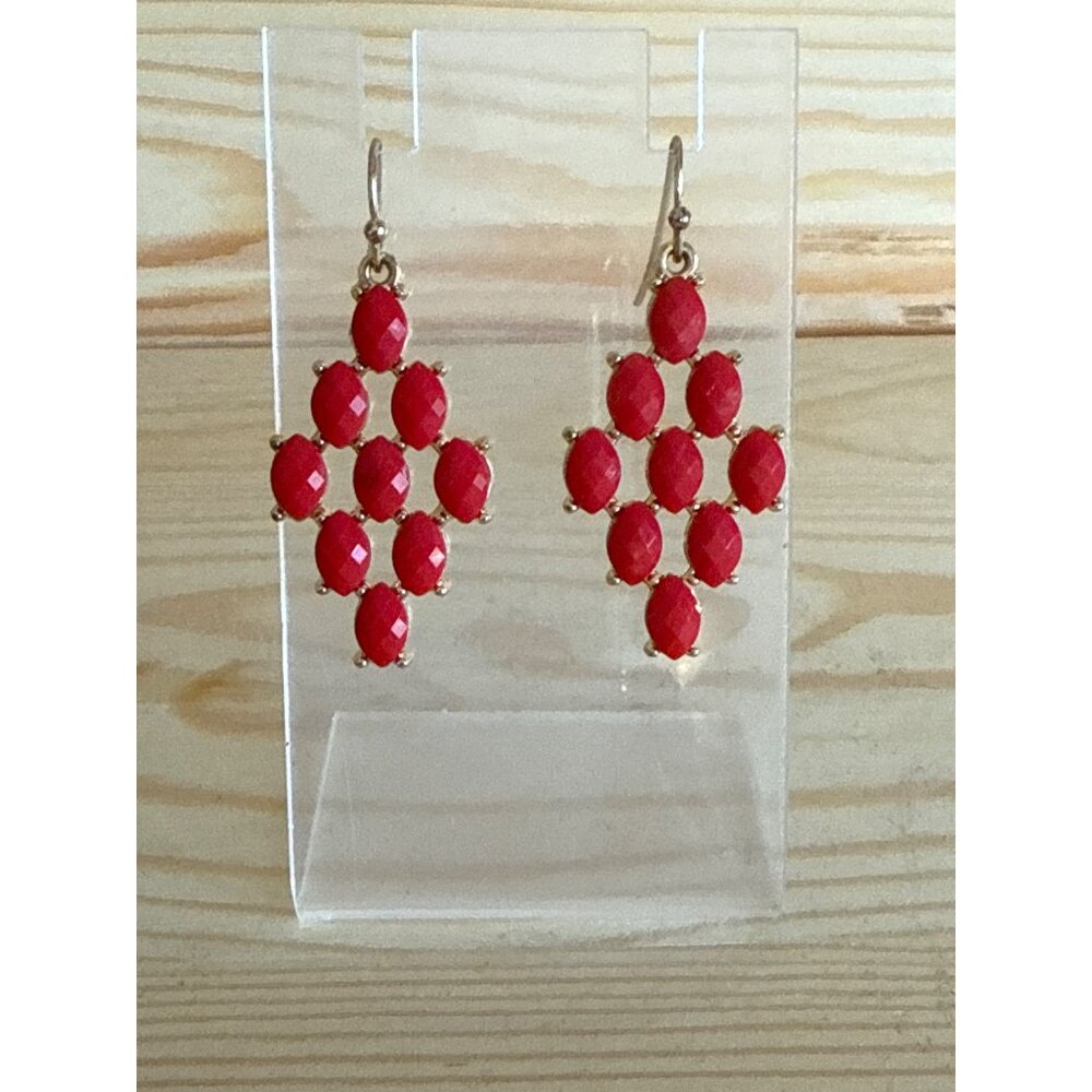 Red Faceted Stone Dangle Earrings With Gold-Tone Metal Setting